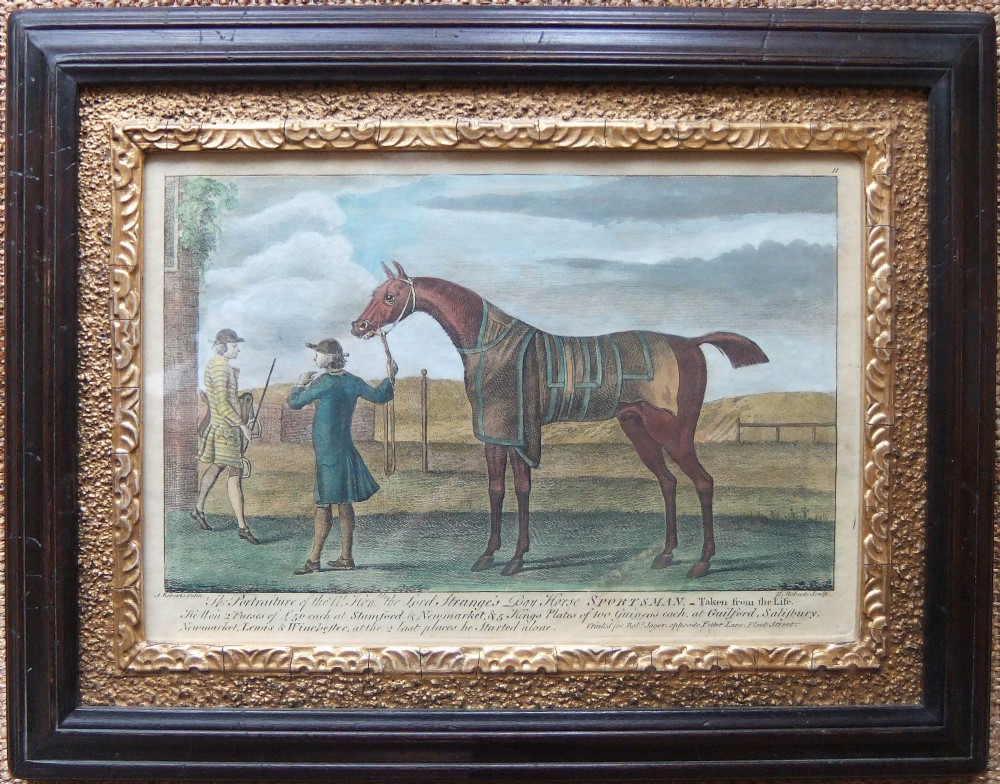 A grid of six framed 18th-century engravings depicting racehorses and jockeys in dark timber frames with ornate gold slips. View VII