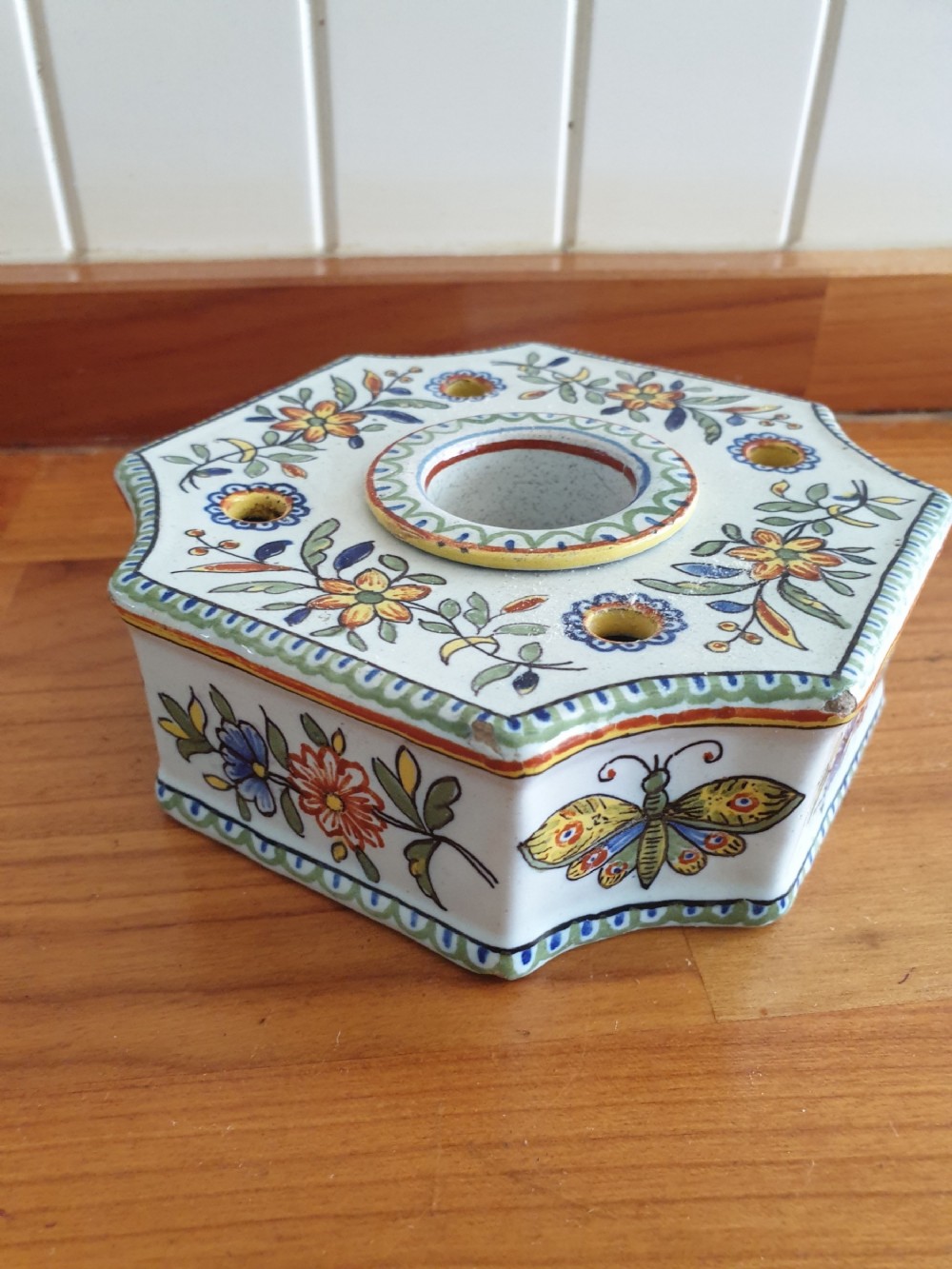 19thc tin glazed French inkwell fully marked great Quimper colours