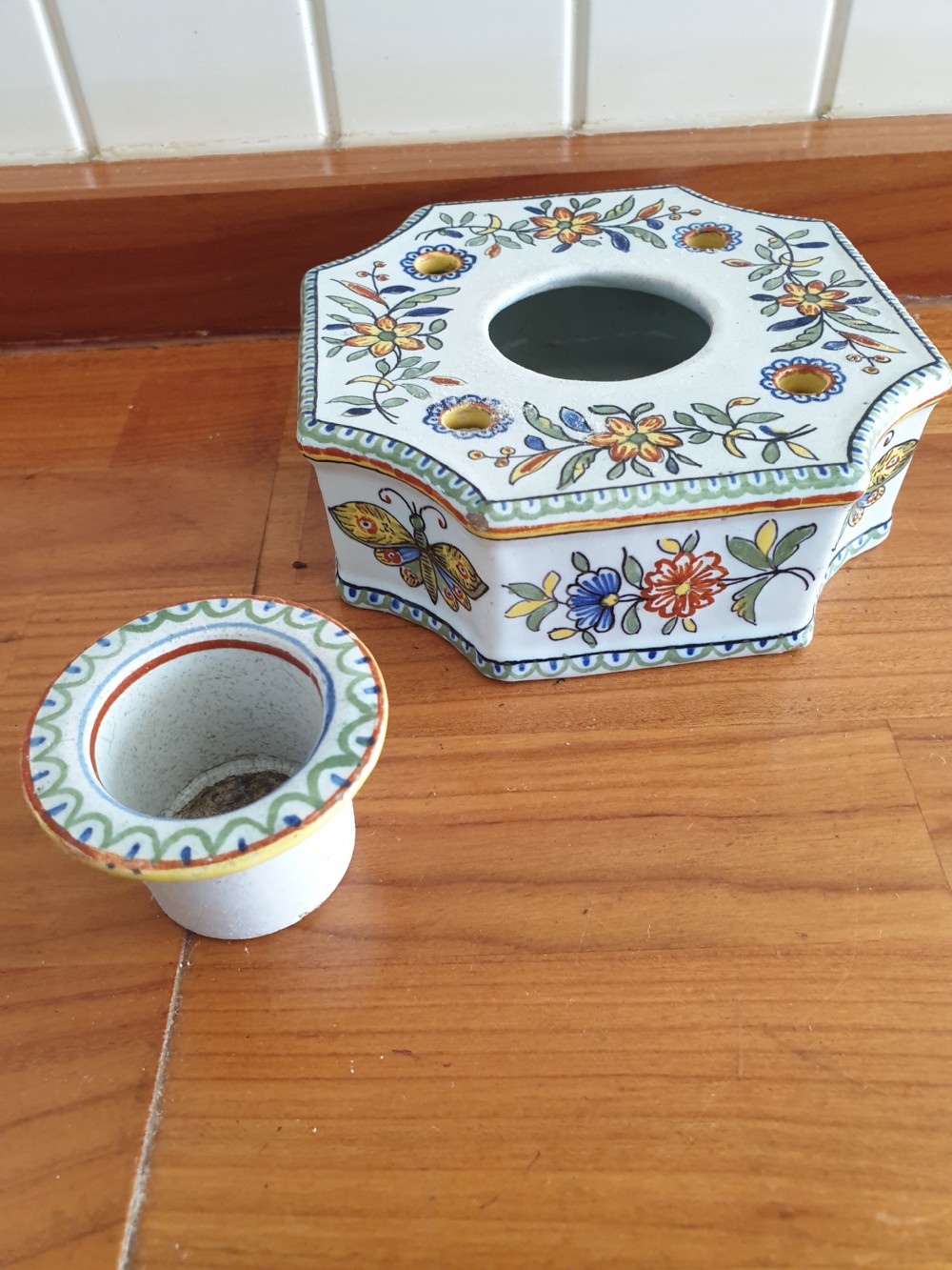 19thc tin glazed French inkwell fully marked great Quimper colours View III