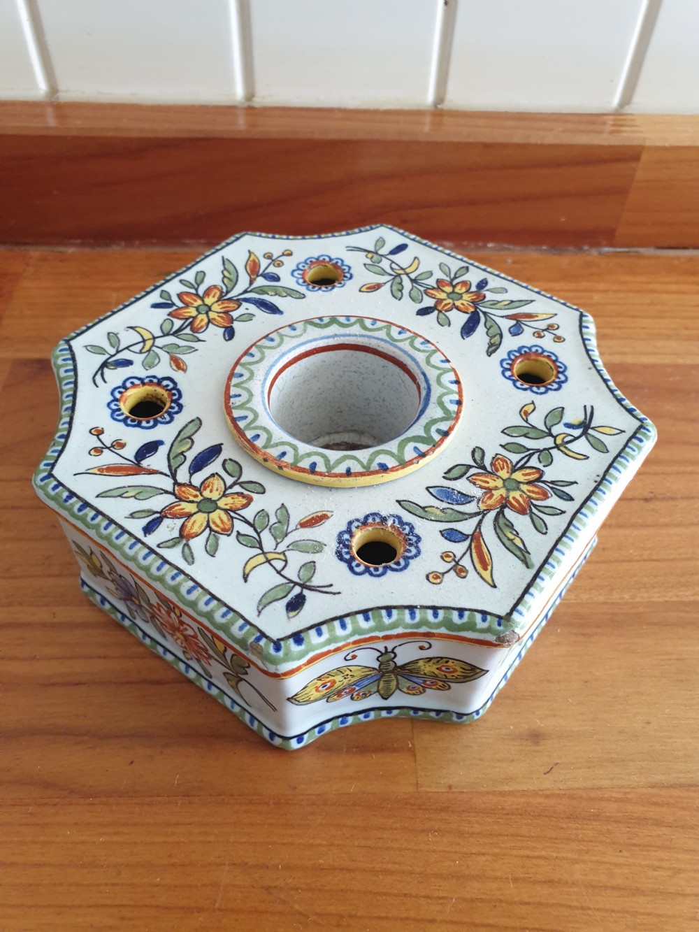 19thc tin glazed French inkwell fully marked great Quimper colours View V
