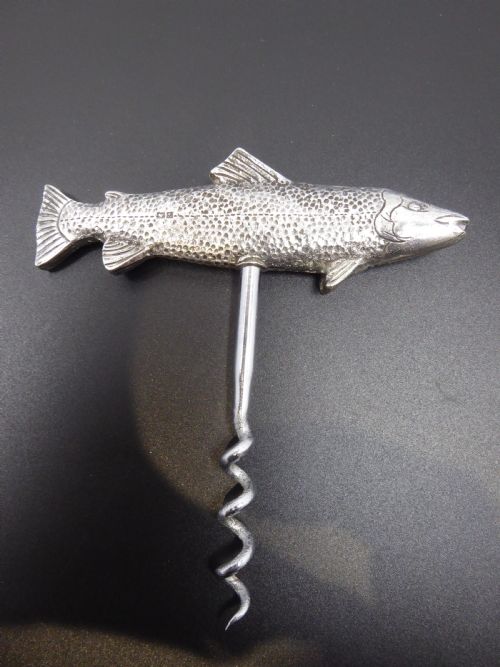 solid silver fish cork screw - CATEGORY: ANTIQUE SILVER - DATED 1950