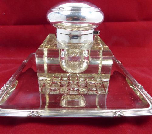solid silver and glass inkwell and tray circa 1900's - CATEGORY: ANTIQUE MISCELLANEOUS - DATED 1900