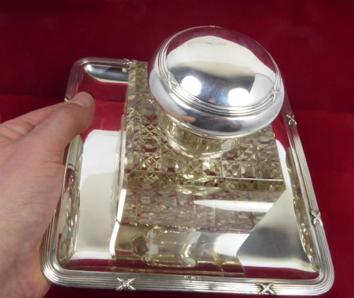 SOLID SILVER AND GLASS INKWELL AND TRAY CIRCA 1900'S - ADDITIONAL PHOTO 12