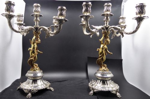 stunning pair of solid silver and gilt heavy candelabras - CATEGORY: ANTIQUE LIGHTING - DATED 1900