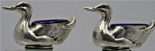 pair of edwardian duck salts 1910 - CATEGORY: ANTIQUE SILVER - DATED 1910
