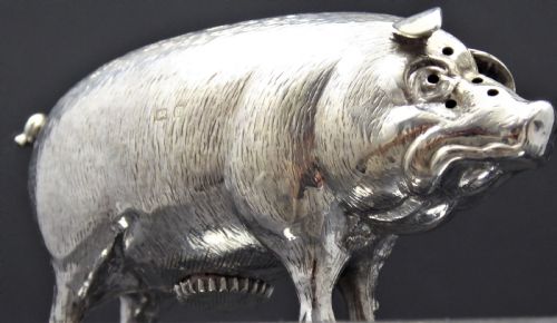 STUNNING SOLID CAST SILVER EDWARDIAN PIG PEPPER POT 1910 - ADDITIONAL PHOTO 2
