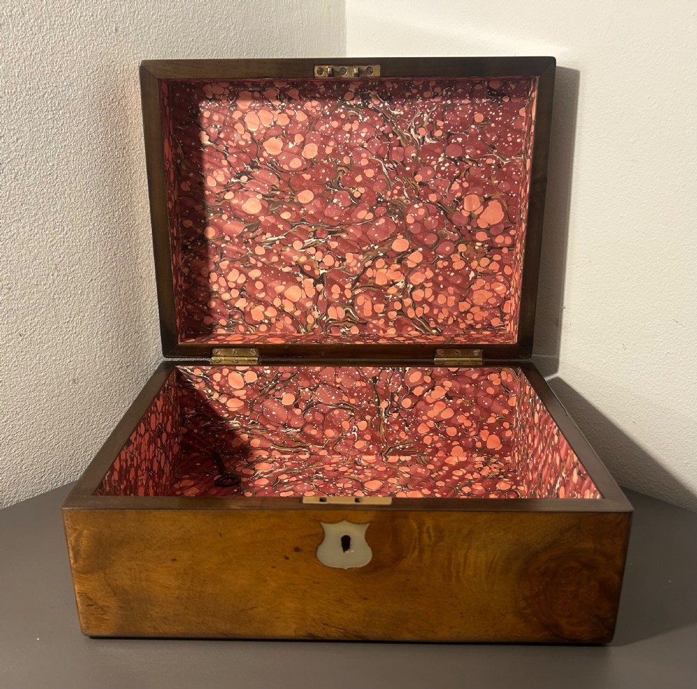 A Victorian figured walnut jewellery box with a mother-of-pearl shield cartouche on the lid and a matching escutcheon on the front. View VIII