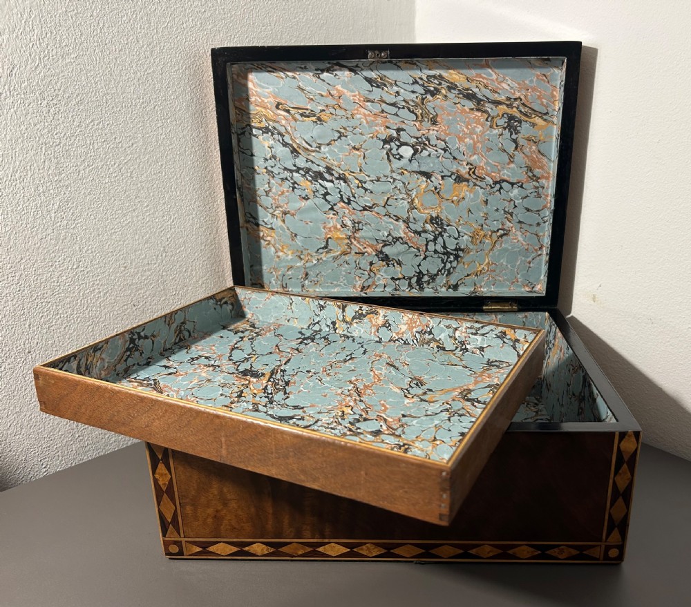 A rectangular Victorian specimen wood box featuring geometric parquetry inlay, a central heart motif on the lid, and a keyhole on the front. View XIII