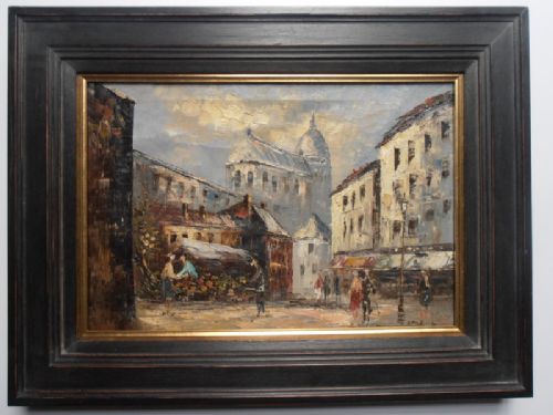 French Flower Market and Street Scene, Oil on Canvas