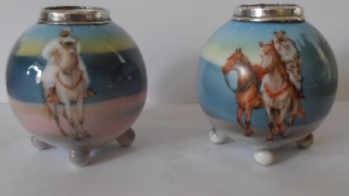 Pair of Royal Bayreuth Silver Topped Hand Painted Porcelain Pots