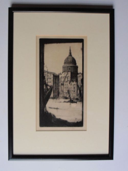 Charles W Cain 1893-1962, Etching of 'St Pauls Cathedral from Bankside'
