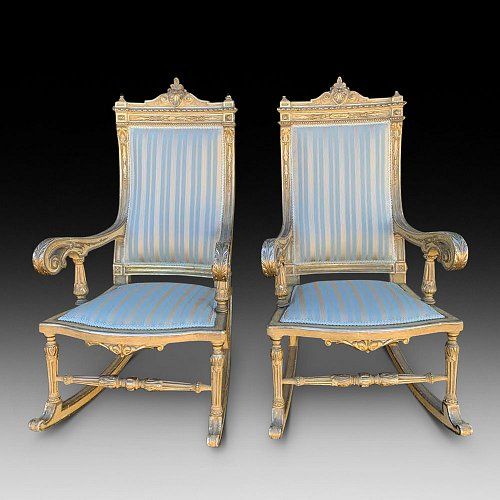 A Very Unusual and Good Quality Pair of Period Gilt & Upholstered Rocking Chairs, Ca. 1835-45