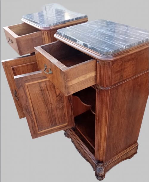 PAIR OF FRENCH WALNUT BELGIAN SAINTEANNE MARBLE BEDSIDE CABINETS - ADDITIONAL PHOTO 2