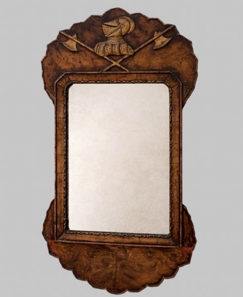 ANTIQUE CARVED WALNUT MIRROR WITH ARMORIAL CREST C18801900