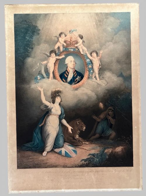 fig 1. A framed 1802 Late-Georgian allegorical print depicting King George III surrounded by cherubs and classical figures within a carved gilt frame.