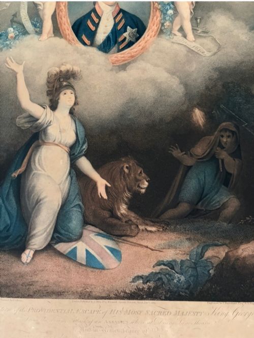 fig 3. A framed 1802 Late-Georgian allegorical print depicting King George III surrounded by cherubs and classical figures within a carved gilt frame.