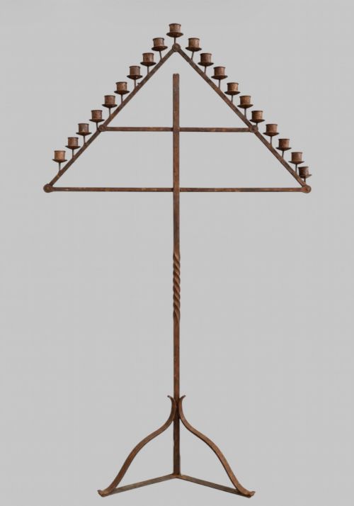 A WROUGHT IRON MULTICANDLE FLOOR CANDELABRUM ARCHITECTURAL STATEMENT