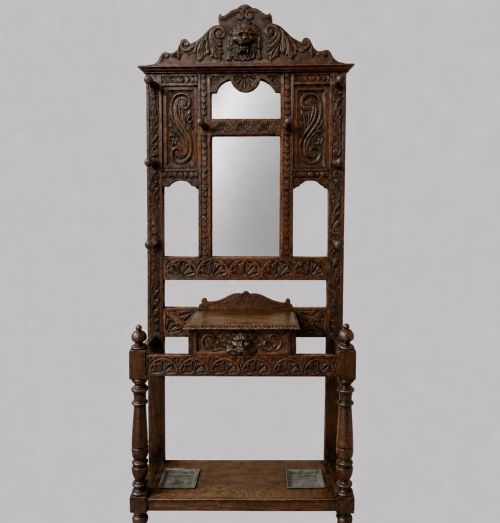 LARGE GREEN MAN CARVED OAK HALL STAND WITH MIRROR