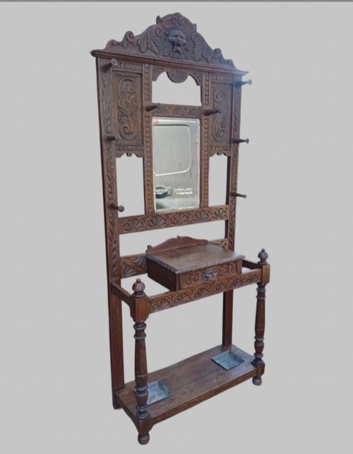 LARGE GREEN MAN CARVED OAK HALL STAND WITH MIRROR - ADDITIONAL PHOTO 1