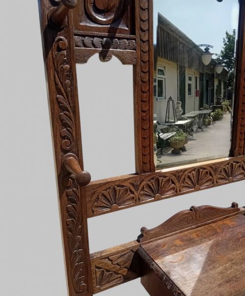 LARGE GREEN MAN CARVED OAK HALL STAND WITH MIRROR - ADDITIONAL PHOTO 4