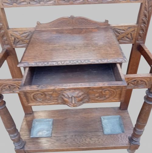 LARGE GREEN MAN CARVED OAK HALL STAND WITH MIRROR - ADDITIONAL PHOTO 8