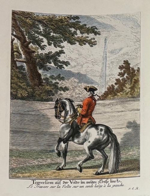 fig 2. A large burr wood framed set of six hand-coloured 18th-century copperplate engravings depicting equestrian dressage riders on horseback.
