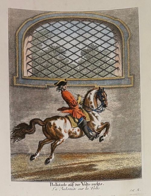 fig 4. A large burr wood framed set of six hand-coloured 18th-century copperplate engravings depicting equestrian dressage riders on horseback.