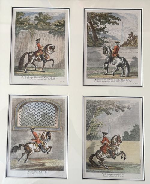 fig 7. A large burr wood framed set of six hand-coloured 18th-century copperplate engravings depicting equestrian dressage riders on horseback.