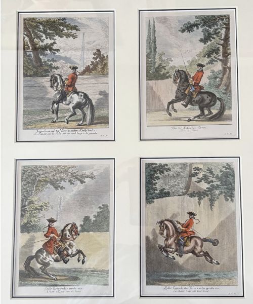fig 8. A large burr wood framed set of six hand-coloured 18th-century copperplate engravings depicting equestrian dressage riders on horseback.
