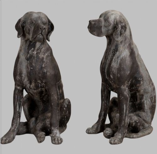 PAIR OF LIFESIZE ENGLISH CAST LEAD SEATED HOUNDS ENGLISH CIRCA 1920