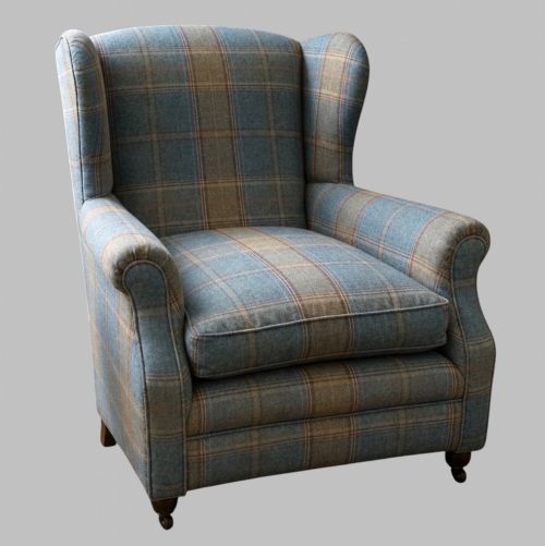 1930S ENGLISH WINGBACK ARMCHAIR IN MULBERRY SHETLAND PLAID TEAL