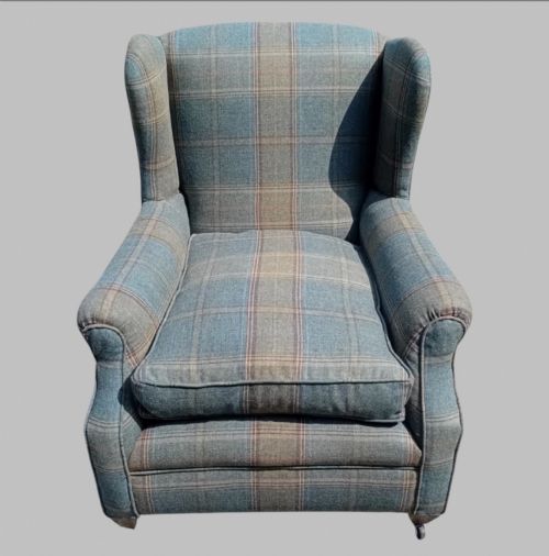 1930S ENGLISH WINGBACK ARMCHAIR IN MULBERRY SHETLAND PLAID TEAL - ADDITIONAL PHOTO 1