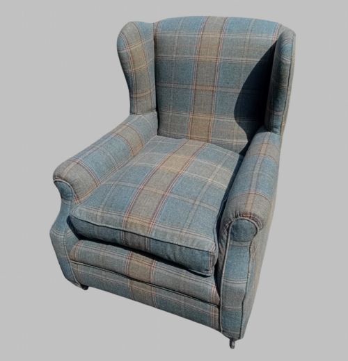 1930S ENGLISH WINGBACK ARMCHAIR IN MULBERRY SHETLAND PLAID TEAL - ADDITIONAL PHOTO 2