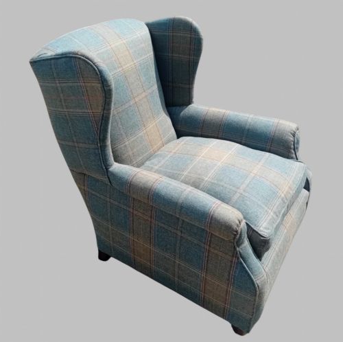 1930S ENGLISH WINGBACK ARMCHAIR IN MULBERRY SHETLAND PLAID TEAL - ADDITIONAL PHOTO 3