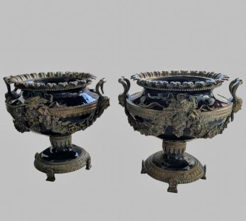A Very Attractive Pair of 19th Century French Blue Ceramic Jardinièr's