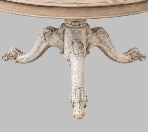 fig 2. A circular mid-19th-century centre table featuring a bleached mahogany top supported by a carved tripod pedestal base.
