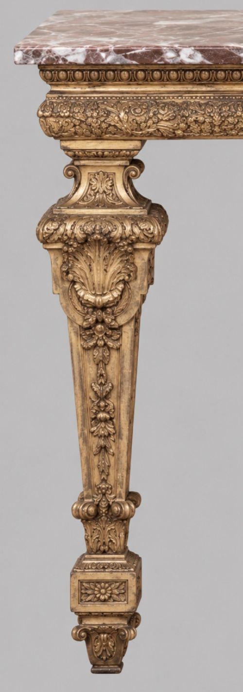 A pair of 19th-century Italian giltwood console tables featuring carved tapered legs and fitted marble tops. View V