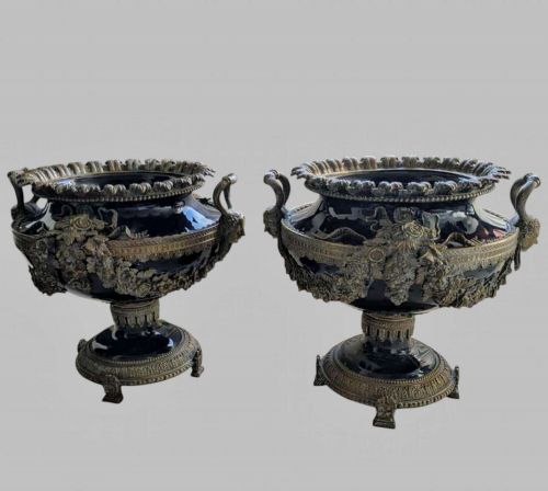 A Very Attractive Pair of 19th Century French Blue Ceramic Jardinièr's