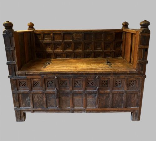 An Indian Carved Hardwood Storage Bench with Hinged Seat, Late 19th / Early 20th Century