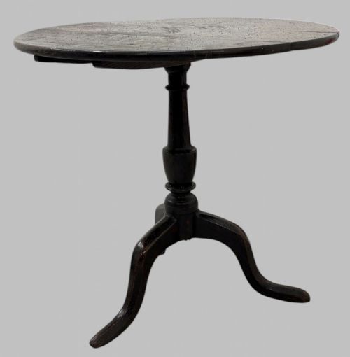 fig 1. A 19th-century dark mahogany tilt-top table featuring a circular top, turned central column, and three splayed legs.