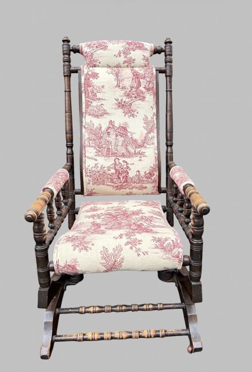 An Antique Turned Wood Upholstered Rocking Chair C1900