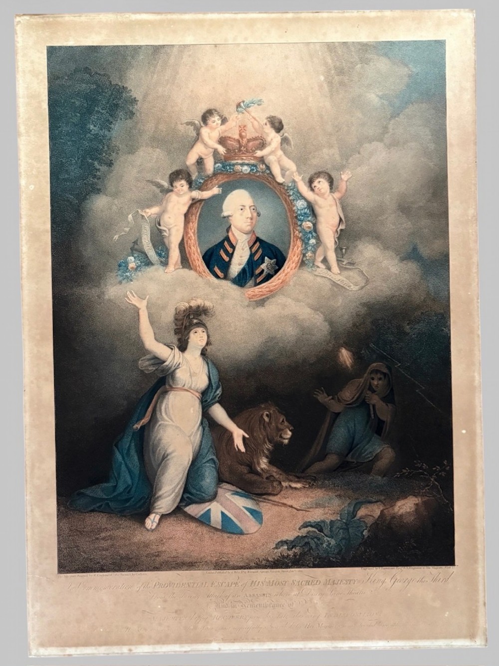 A framed 1802 Late-Georgian allegorical print depicting King George III surrounded by cherubs and classical figures within a carved gilt frame. View II