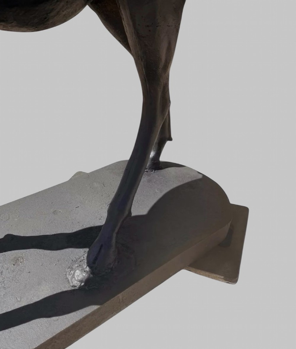 A patinated dark bronze sculpture depicting a standing young stag with antlers fixed onto an oval base. View VI