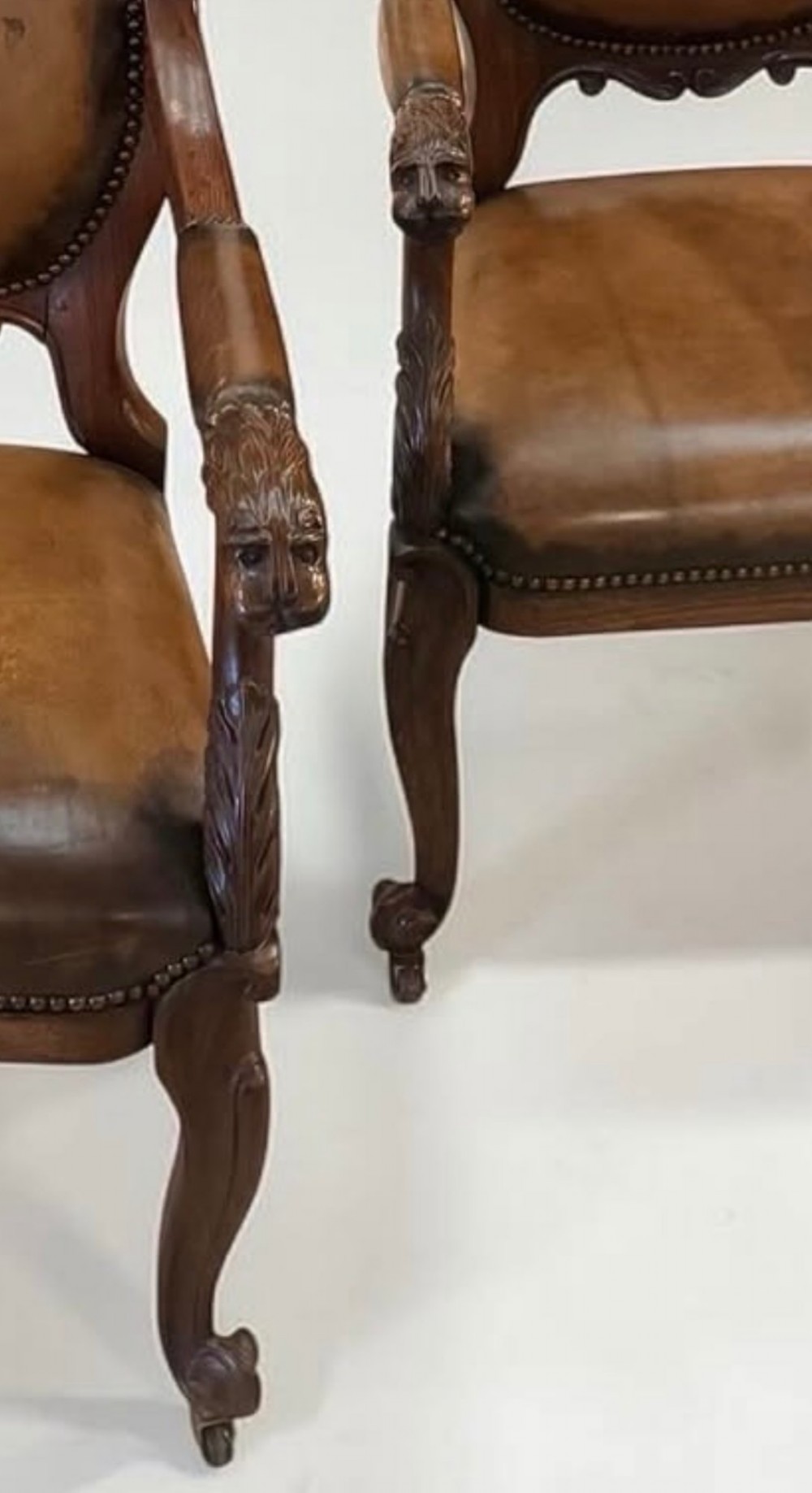 A pair of carved rosewood armchairs featuring dark leather upholstery, brass stud detailing, carved elephant crests, lion-head armrests, and cabriole legs. View V