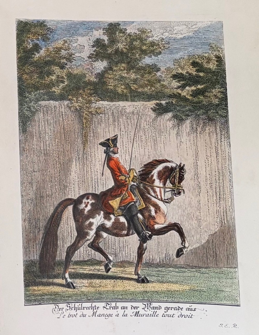 A large burr wood framed set of six hand-coloured 18th-century copperplate engravings depicting equestrian dressage riders on horseback. View II