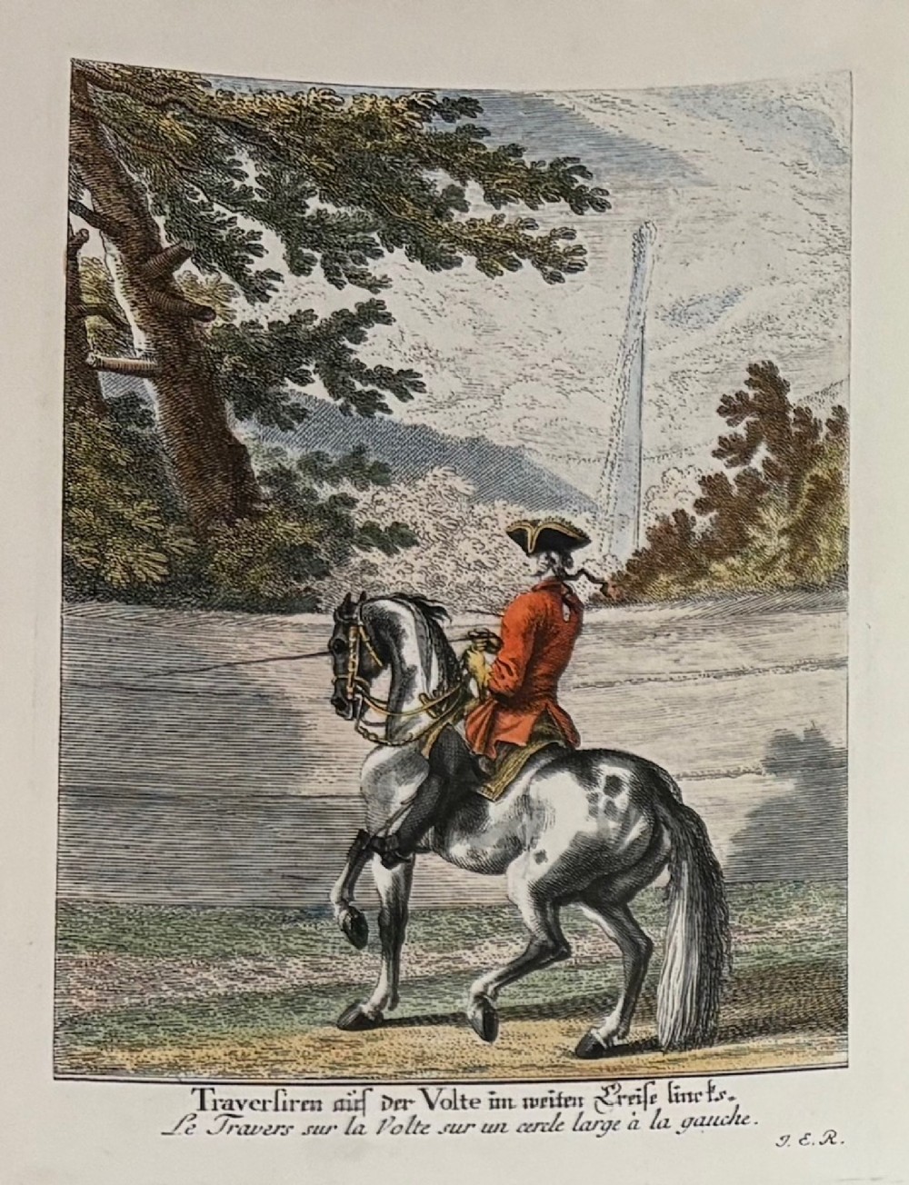 A large burr wood framed set of six hand-coloured 18th-century copperplate engravings depicting equestrian dressage riders on horseback. View III