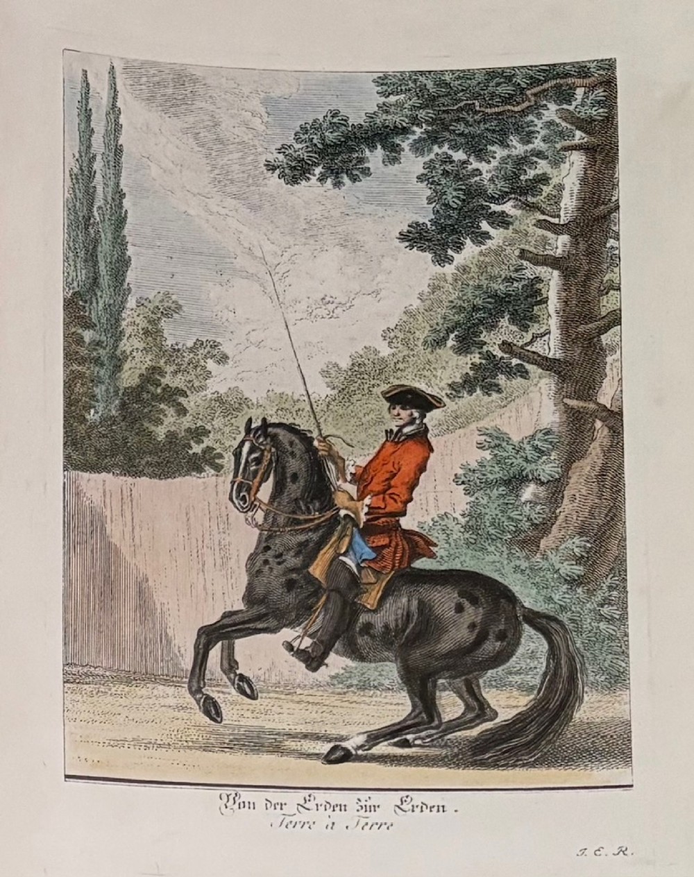 A large burr wood framed set of six hand-coloured 18th-century copperplate engravings depicting equestrian dressage riders on horseback. View IV