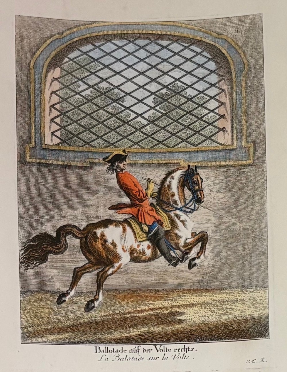 A large burr wood framed set of six hand-coloured 18th-century copperplate engravings depicting equestrian dressage riders on horseback. View V