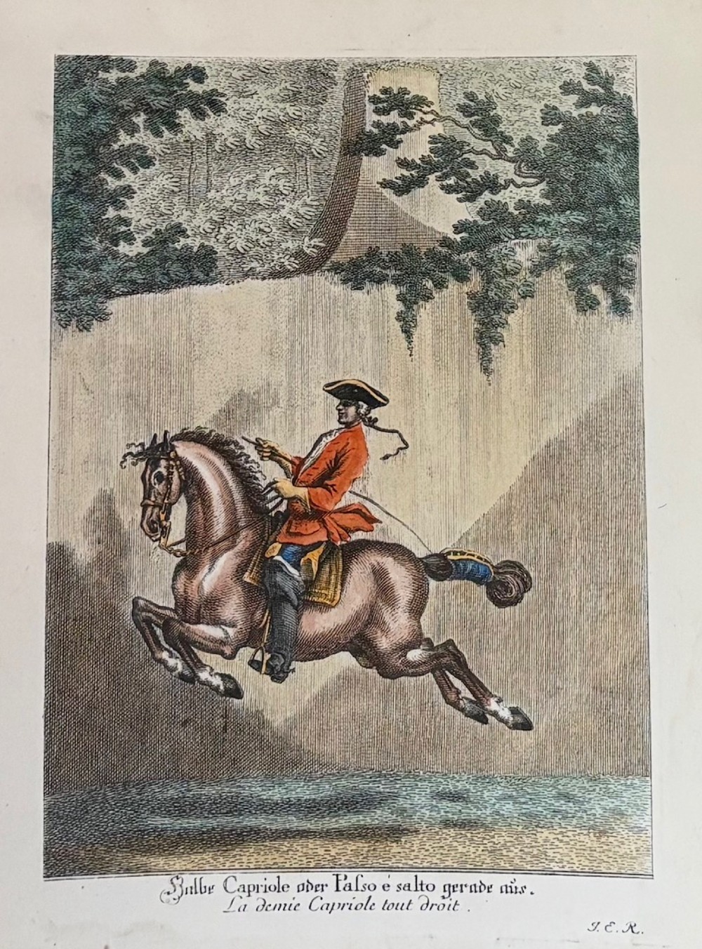 A large burr wood framed set of six hand-coloured 18th-century copperplate engravings depicting equestrian dressage riders on horseback. View VI