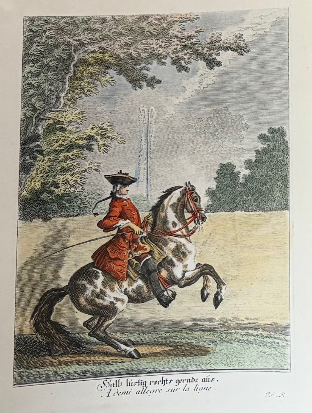 A large burr wood framed set of six hand-coloured 18th-century copperplate engravings depicting equestrian dressage riders on horseback. View VII